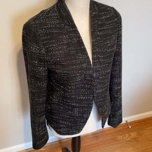 Loft Black White Speckled Tweed Blazer Jacket Career Lined Open Hook Closure 4 - Picture 2 of 8